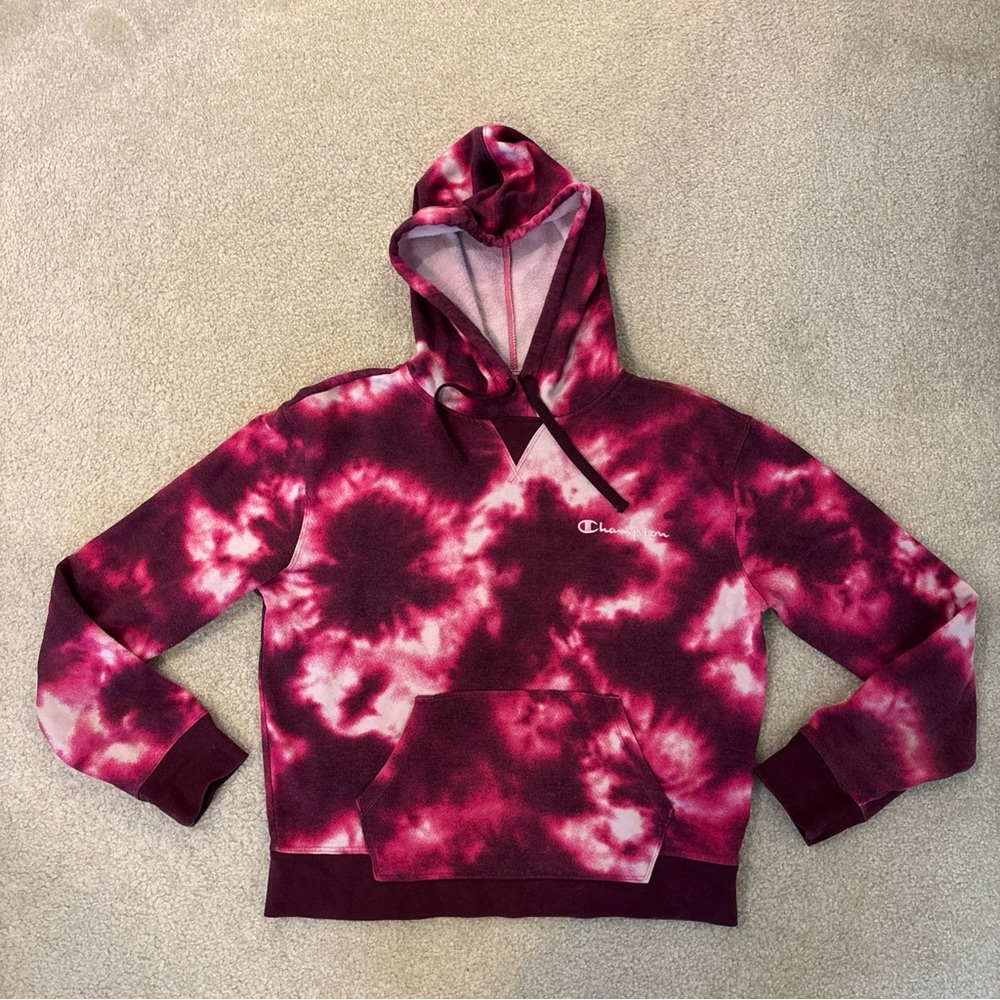 Champion Red Purple Pullover Hoodie Sweatshirt Tie Dye Women Size M Logo